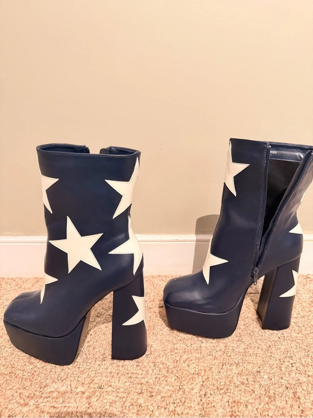 Wish Navy Platform Ankle Boots with White Star Appliqués